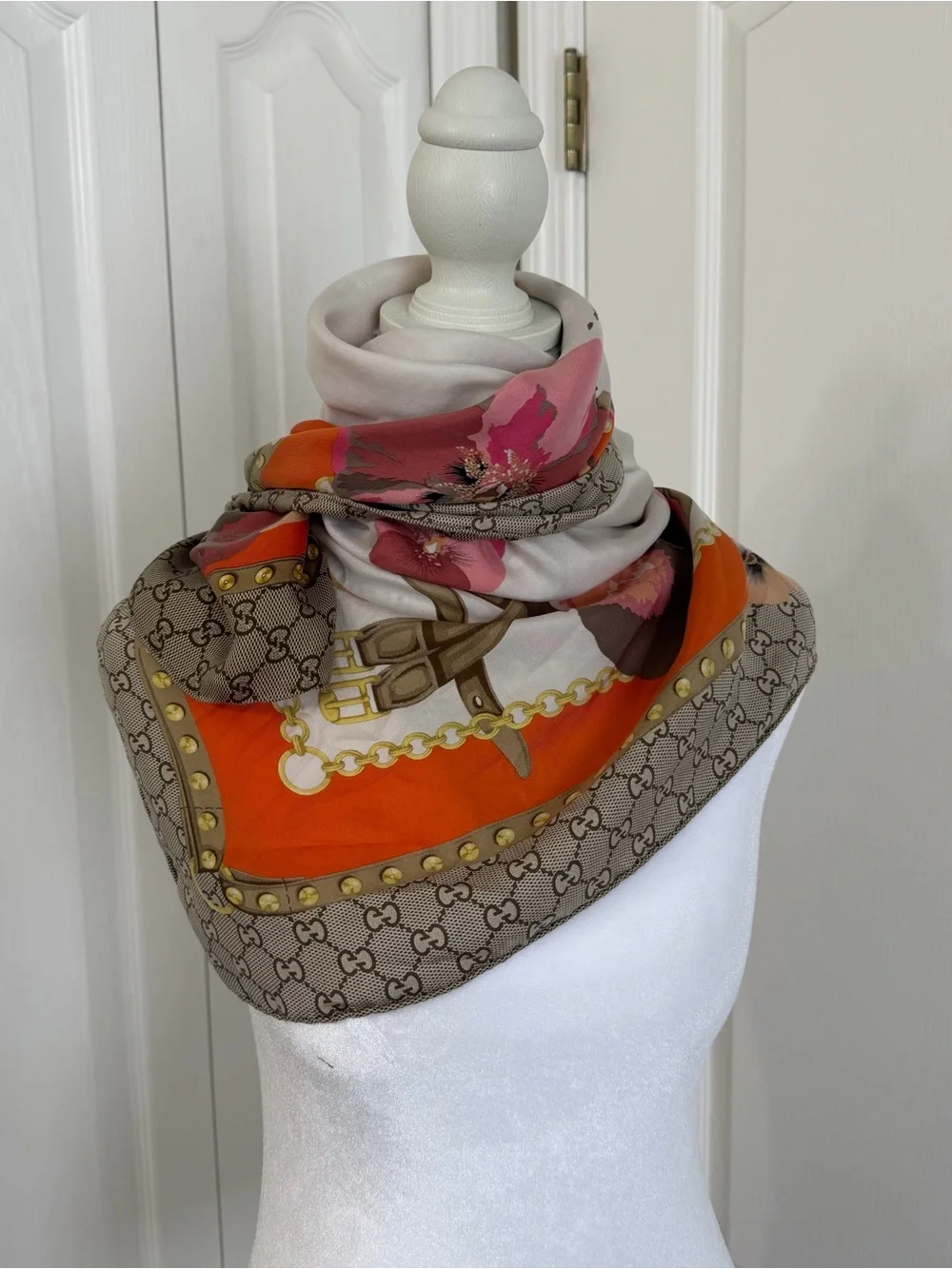 Gucci Orange Beige Pink Floral Silk Scarf